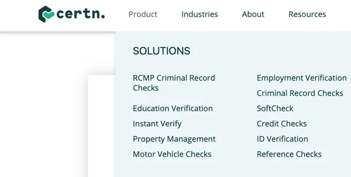 A screenshot of Certn's solutions as part of the Certn background check process